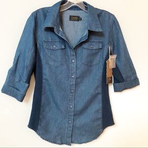 NWT CAVALINI Denim Tab Sleeve Button Front Top SZM